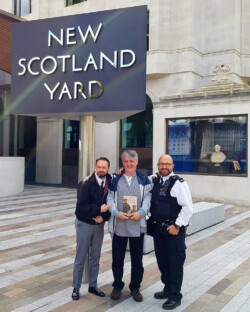 With Scotty and Ozzy at the Black Poppies event at New Scotland Yard (2017) Stephen Bourne, writer, author, UK