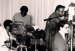 Stephen on the set of Black and White in Colour (BBC/BFI, 1992) with director Isaac Julien and the crew. Photo: Sharron Wallace. Stephen Bourne, writer, author, UK